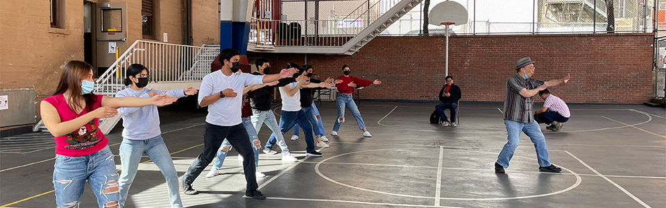 Students taking martial arts lesson